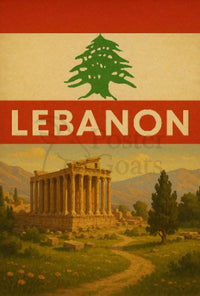 Vintage Lebanon Travel Poster: Baalbek Ruins, Cedar Emblem PosterGoat