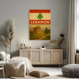 Vintage Lebanon Travel Poster: Baalbek Ruins, Cedar Emblem PosterGoat
