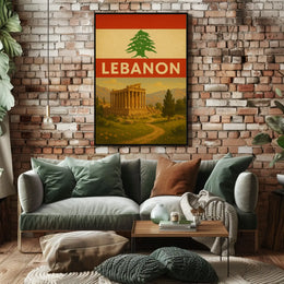 Vintage Lebanon Travel Poster: Baalbek Ruins, Cedar Emblem PosterGoat