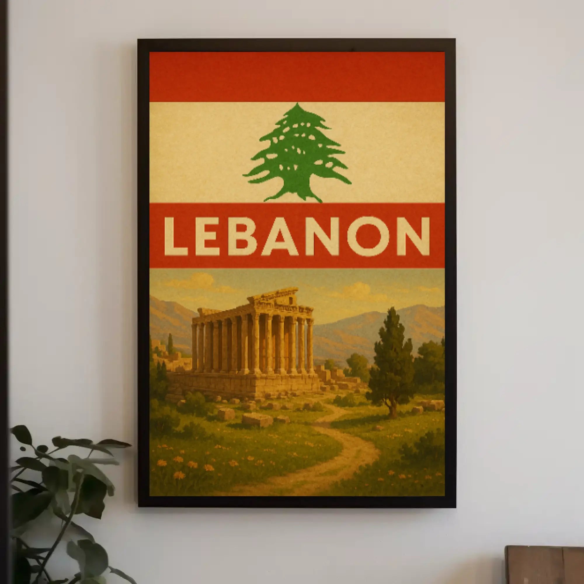 Vintage Lebanon Travel Poster: Baalbek Ruins, Cedar Emblem PosterGoat