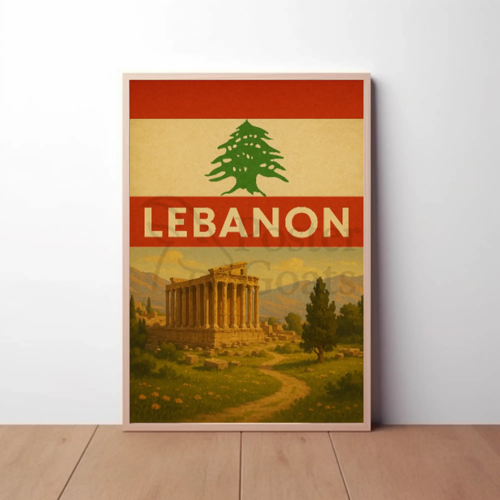 Vintage Lebanon Travel Poster: Baalbek Ruins, Cedar Emblem PosterGoat