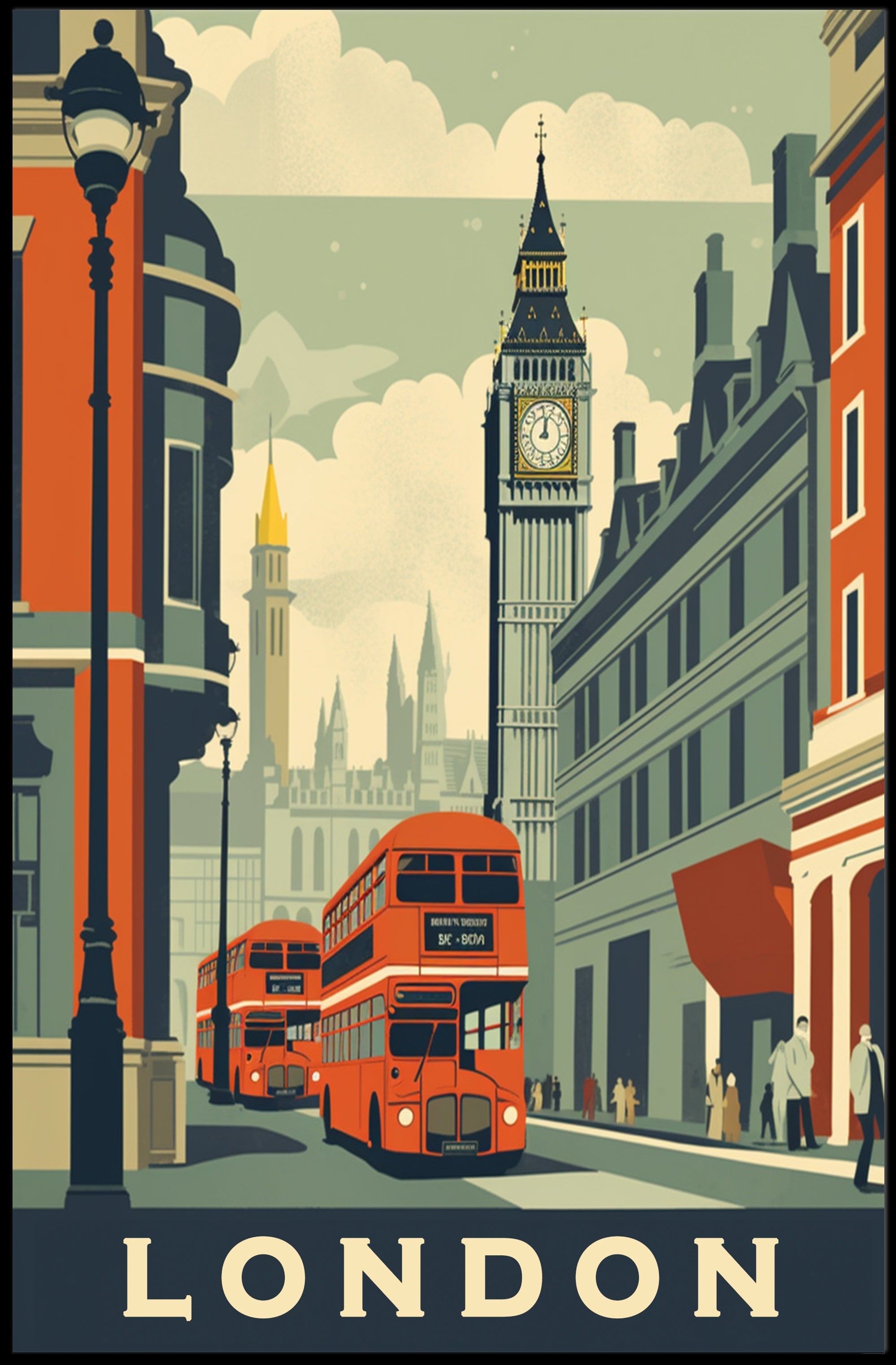 Vintage London Travel Poster with Iconic City Elements PosterGoat