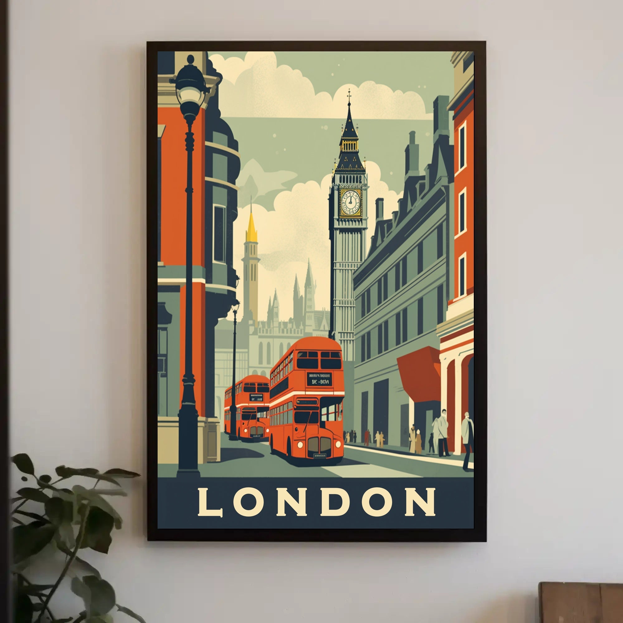 Vintage London Travel Poster with Iconic City Elements PosterGoat