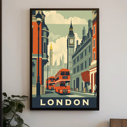 Vintage London Travel Poster with Iconic City Elements PosterGoat
