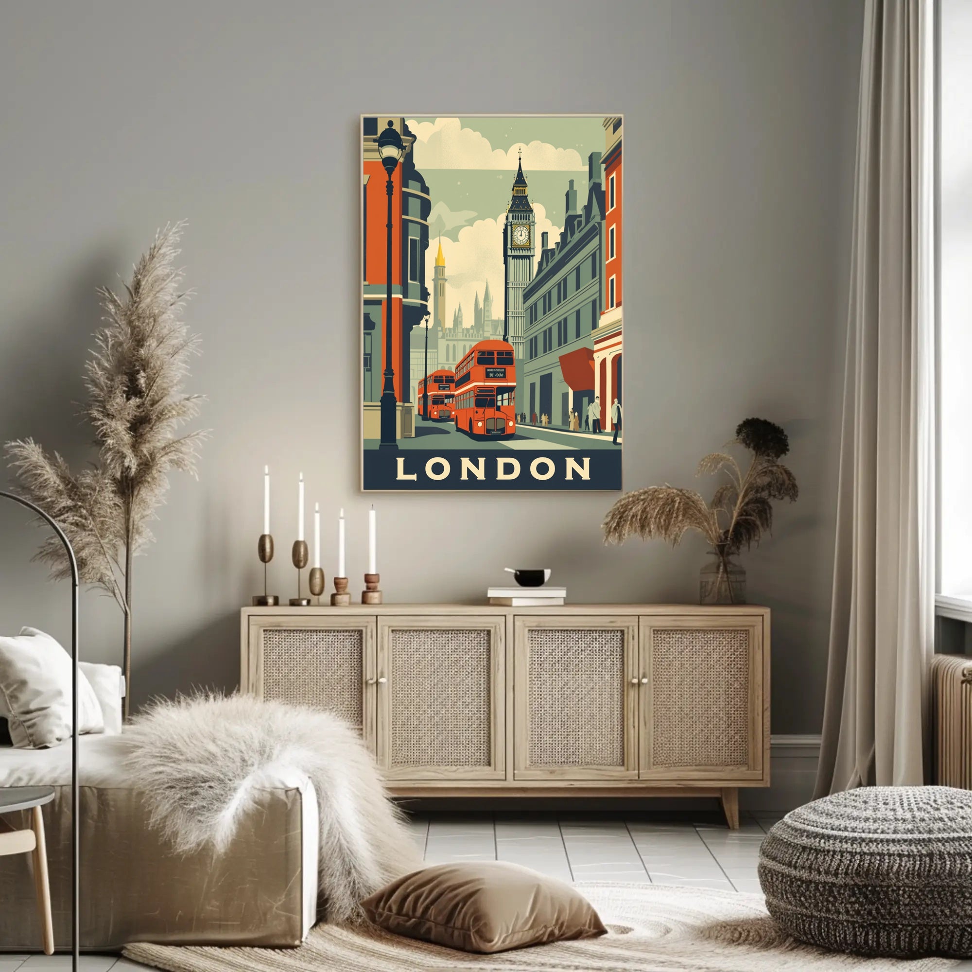 Vintage London Travel Poster with Iconic City Elements PosterGoat