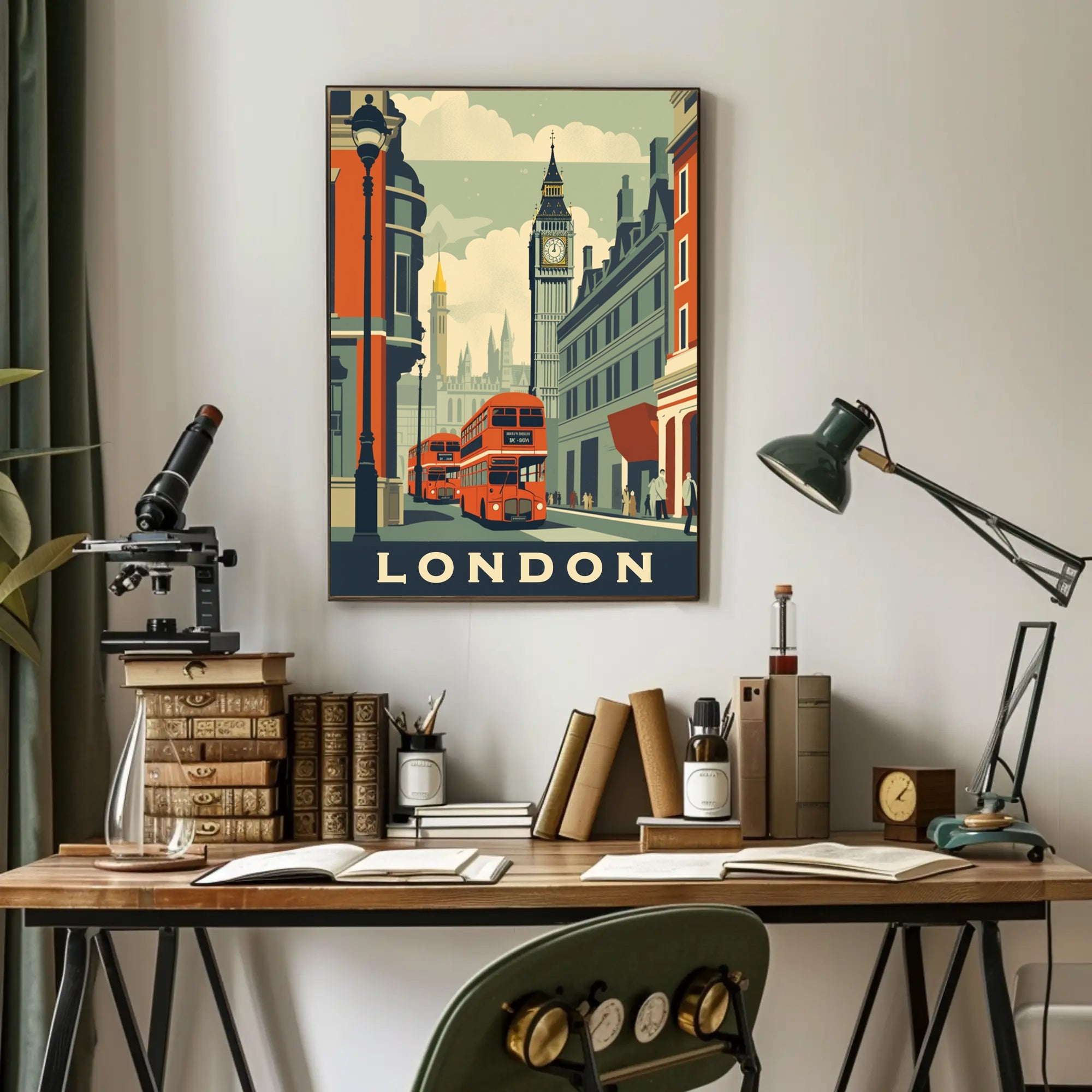 Vintage London Travel Poster with Iconic City Elements PosterGoat