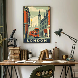 Vintage London Travel Poster with Iconic City Elements PosterGoat