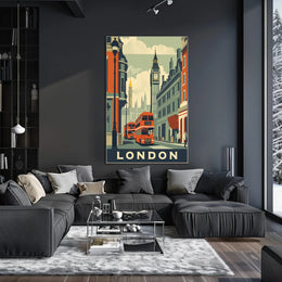 Vintage London Travel Poster with Iconic City Elements PosterGoat