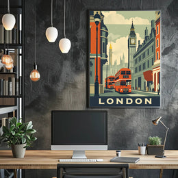 Vintage London Travel Poster with Iconic City Elements PosterGoat