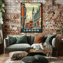 Vintage London Travel Poster with Iconic City Elements PosterGoat