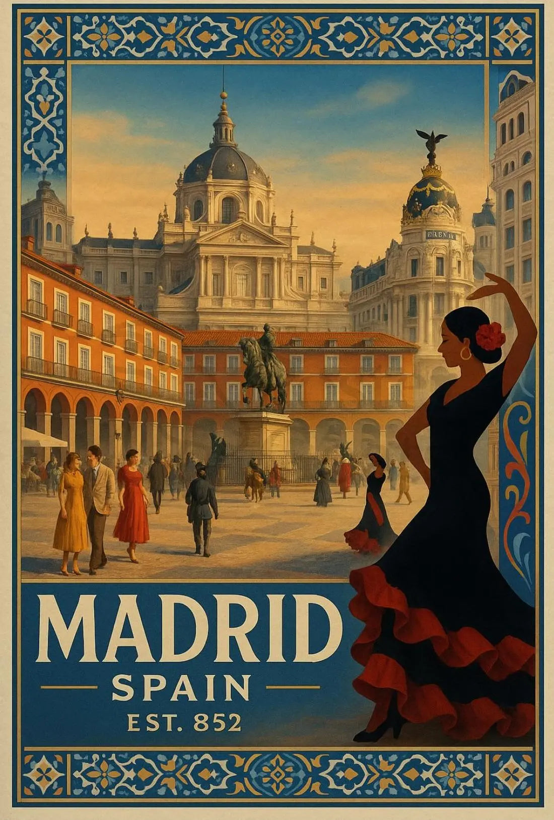 Vintage Madrid Scene with Flamenco Flair Travel Poster PosterGoat