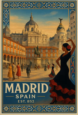 Vintage Madrid Scene with Flamenco Flair Travel Poster PosterGoat