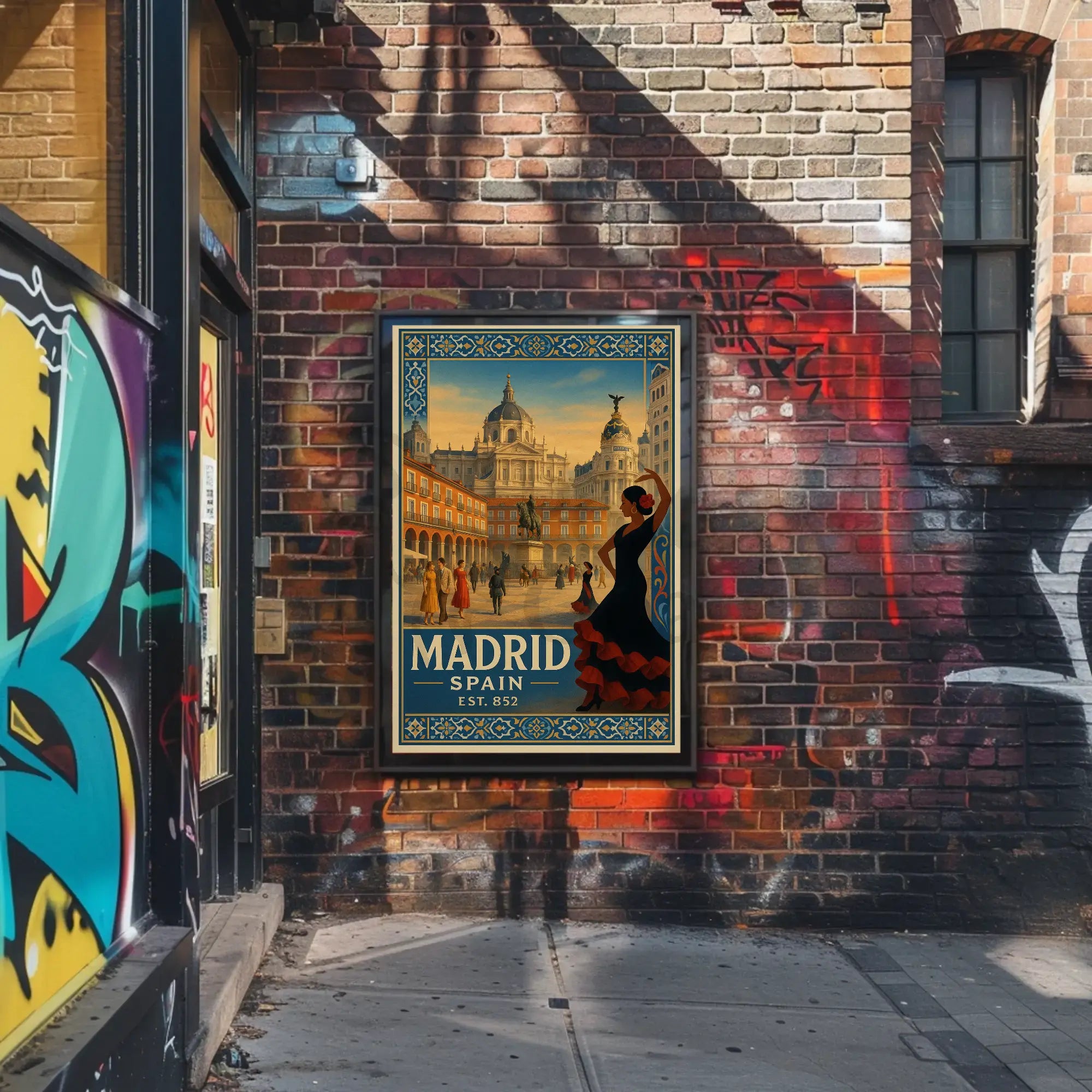 Vintage Madrid Scene with Flamenco Flair Travel Poster PosterGoat