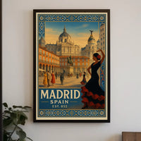 Vintage Madrid Scene with Flamenco Flair Travel Poster PosterGoat