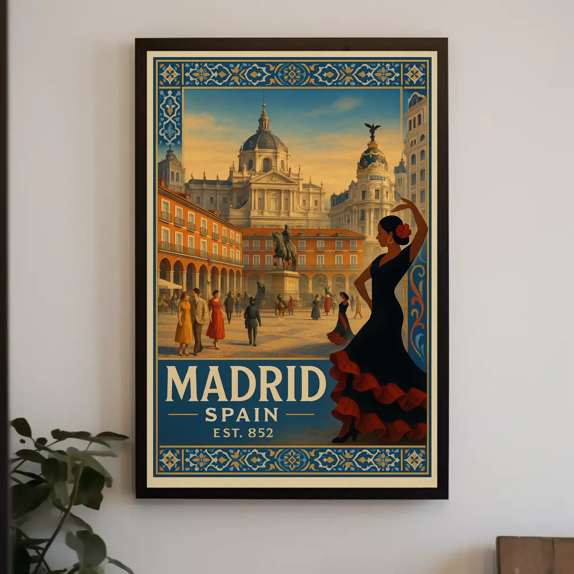 Vintage Madrid Scene with Flamenco Flair Travel Poster PosterGoat