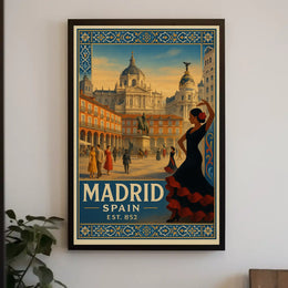 Vintage Madrid Scene with Flamenco Flair Travel Poster PosterGoat