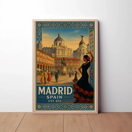Vintage Madrid Scene with Flamenco Flair Travel Poster PosterGoat