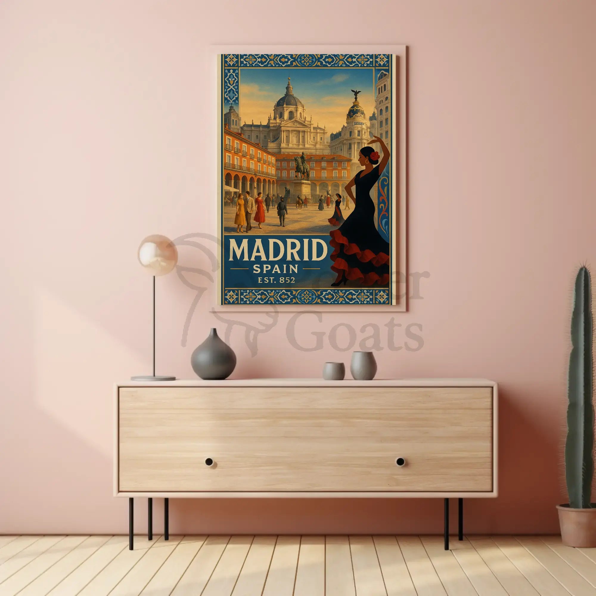 Vintage Madrid Scene with Flamenco Flair Travel Poster PosterGoat