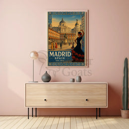 Vintage Madrid Scene with Flamenco Flair Travel Poster PosterGoat