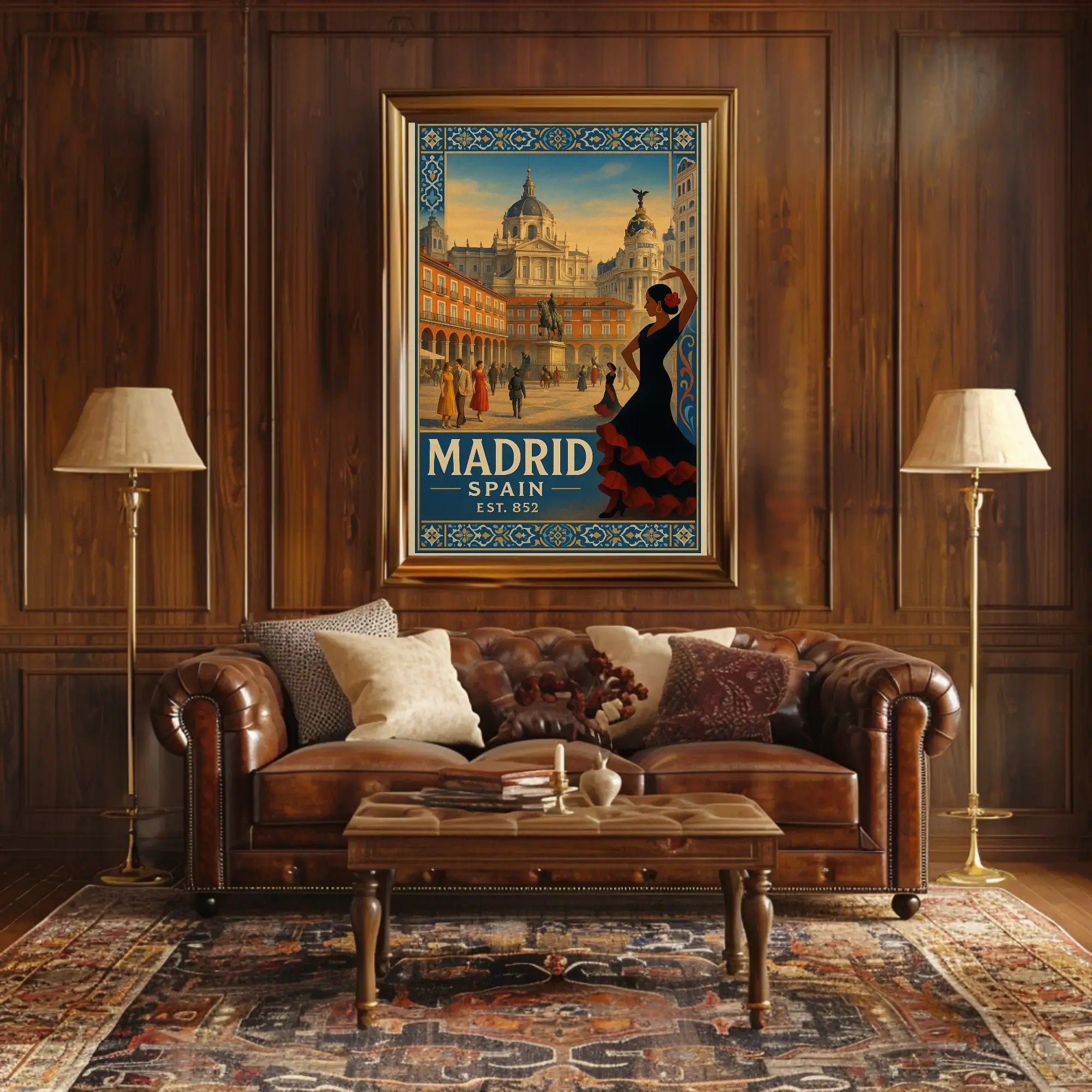 Vintage Madrid Scene with Flamenco Flair Travel Poster PosterGoat