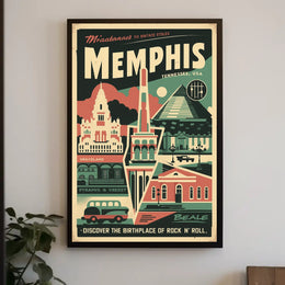 Vintage Memphis Travel Poster with Iconic Landmarks and Cars PosterGoat