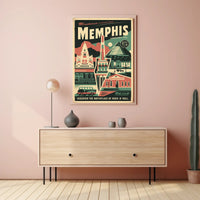 Vintage Memphis Travel Poster with Iconic Landmarks and Cars PosterGoat