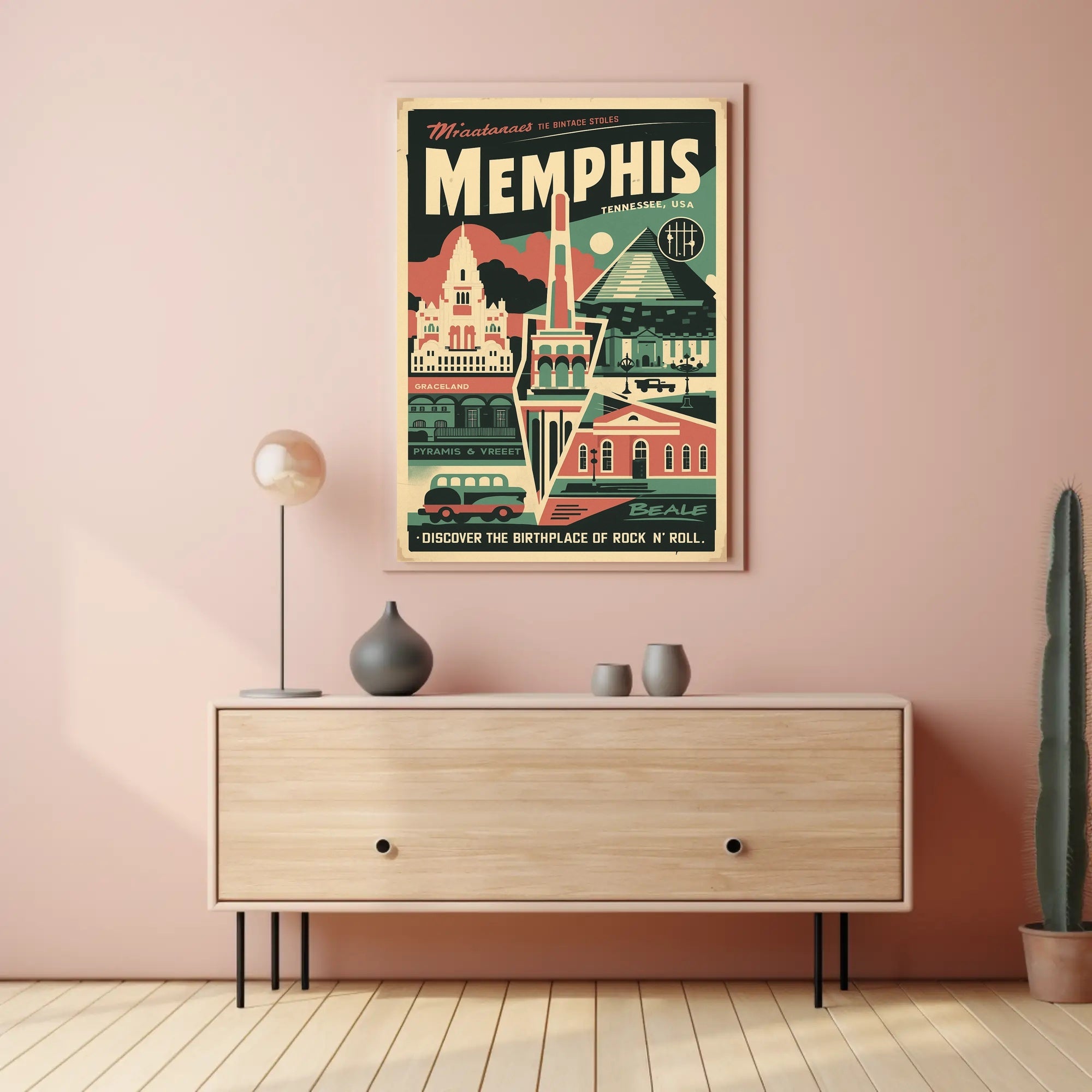 Vintage Memphis Travel Poster with Iconic Landmarks and Cars PosterGoat