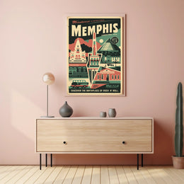 Vintage Memphis Travel Poster with Iconic Landmarks and Cars PosterGoat