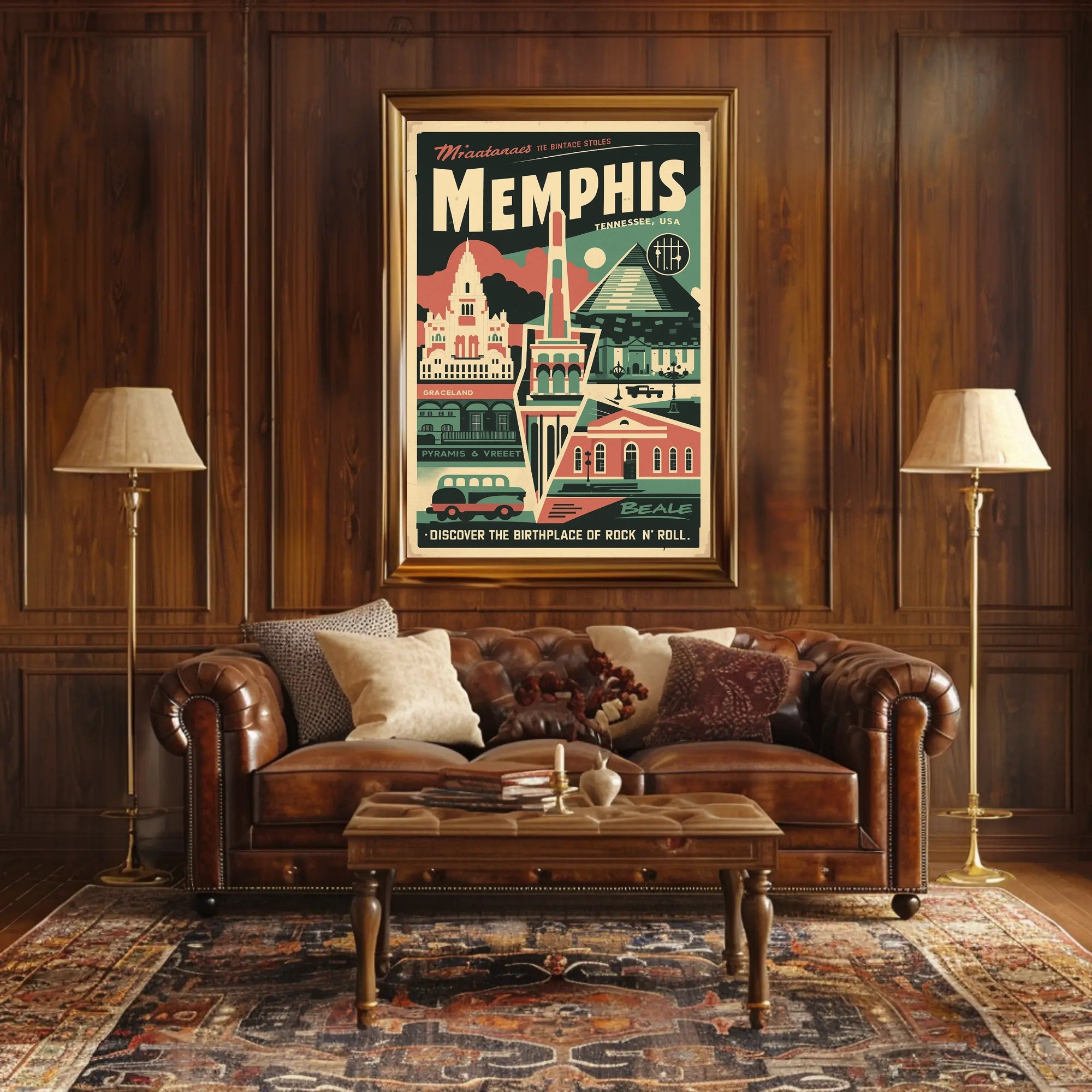 Vintage Memphis Travel Poster with Iconic Landmarks and Cars PosterGoat