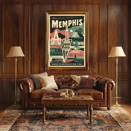 Vintage Memphis Travel Poster with Iconic Landmarks and Cars PosterGoat