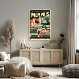 Vintage Memphis Travel Poster with Iconic Landmarks and Cars PosterGoat