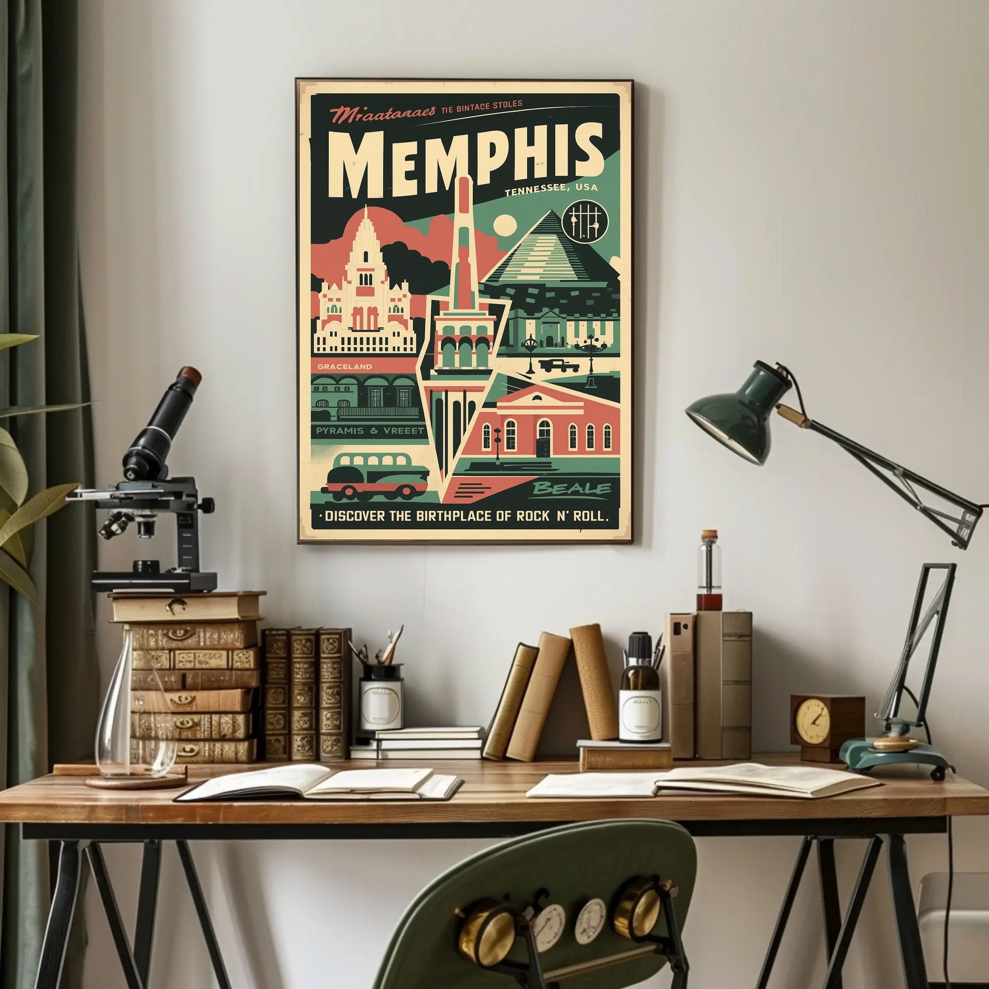 Vintage Memphis Travel Poster with Iconic Landmarks and Cars PosterGoat