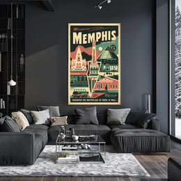 Vintage Memphis Travel Poster with Iconic Landmarks and Cars PosterGoat