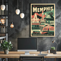 Vintage Memphis Travel Poster with Iconic Landmarks and Cars PosterGoat