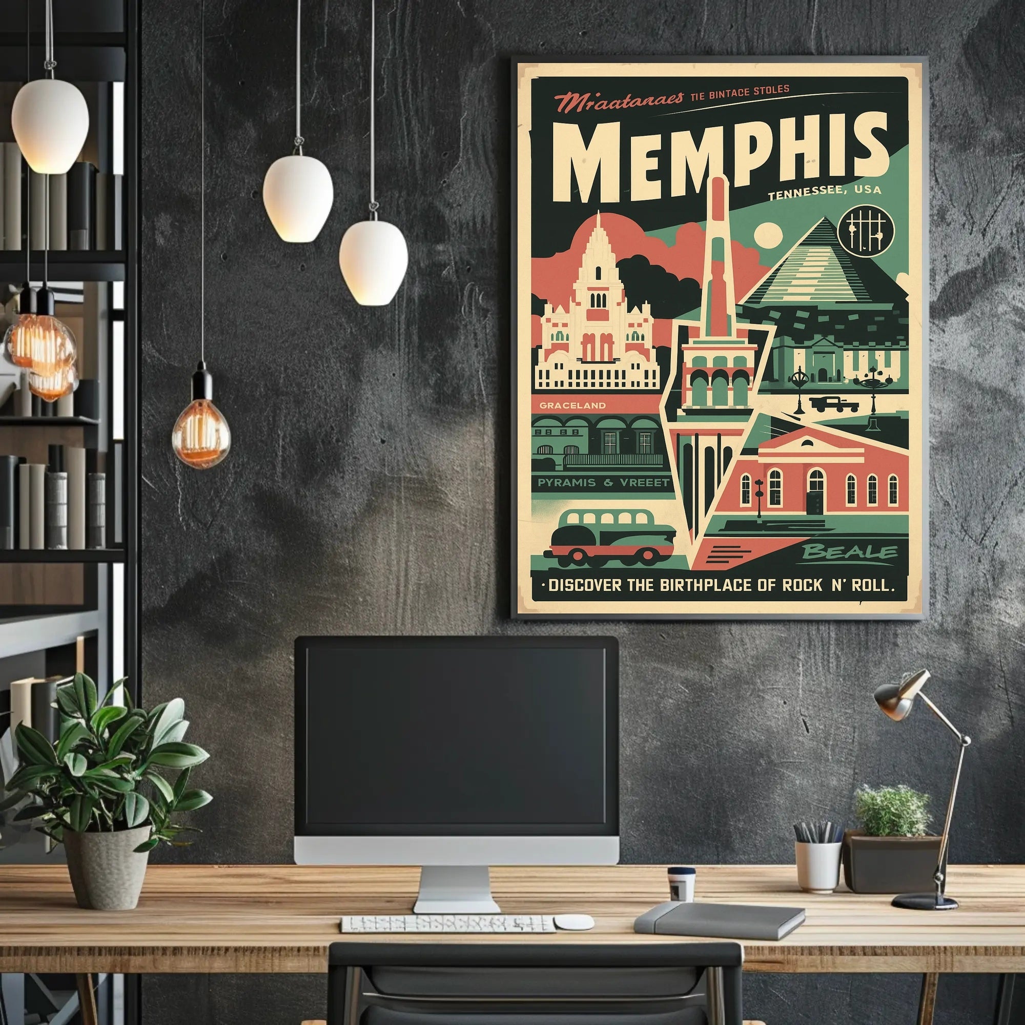 Vintage Memphis Travel Poster with Iconic Landmarks and Cars PosterGoat