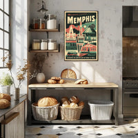 Vintage Memphis Travel Poster with Iconic Landmarks and Cars PosterGoat