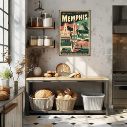 Vintage Memphis Travel Poster with Iconic Landmarks and Cars PosterGoat