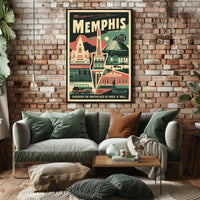 Vintage Memphis Travel Poster with Iconic Landmarks and Cars PosterGoat
