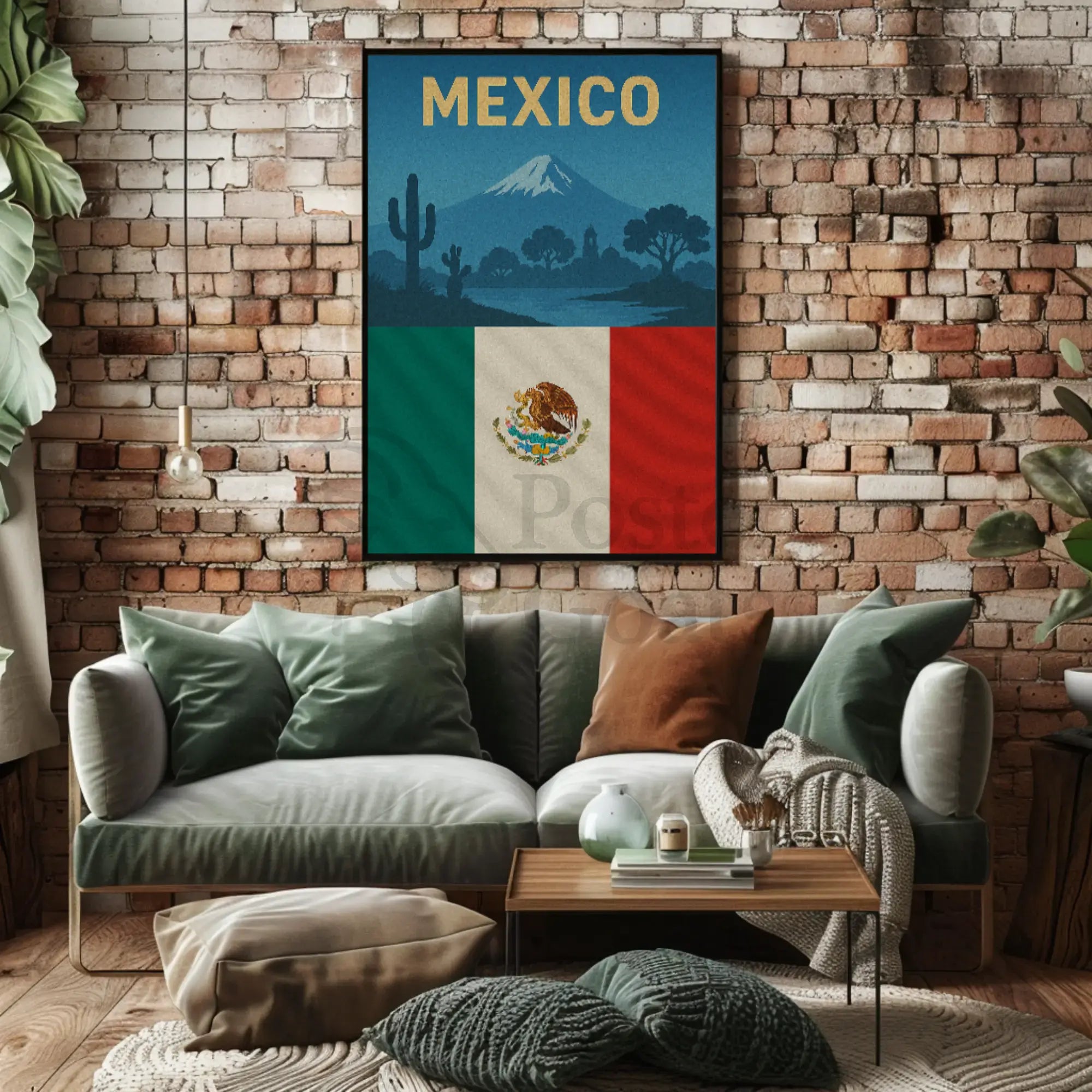 Vintage Mexico Volcano and Cacti Travel Poster PosterGoat