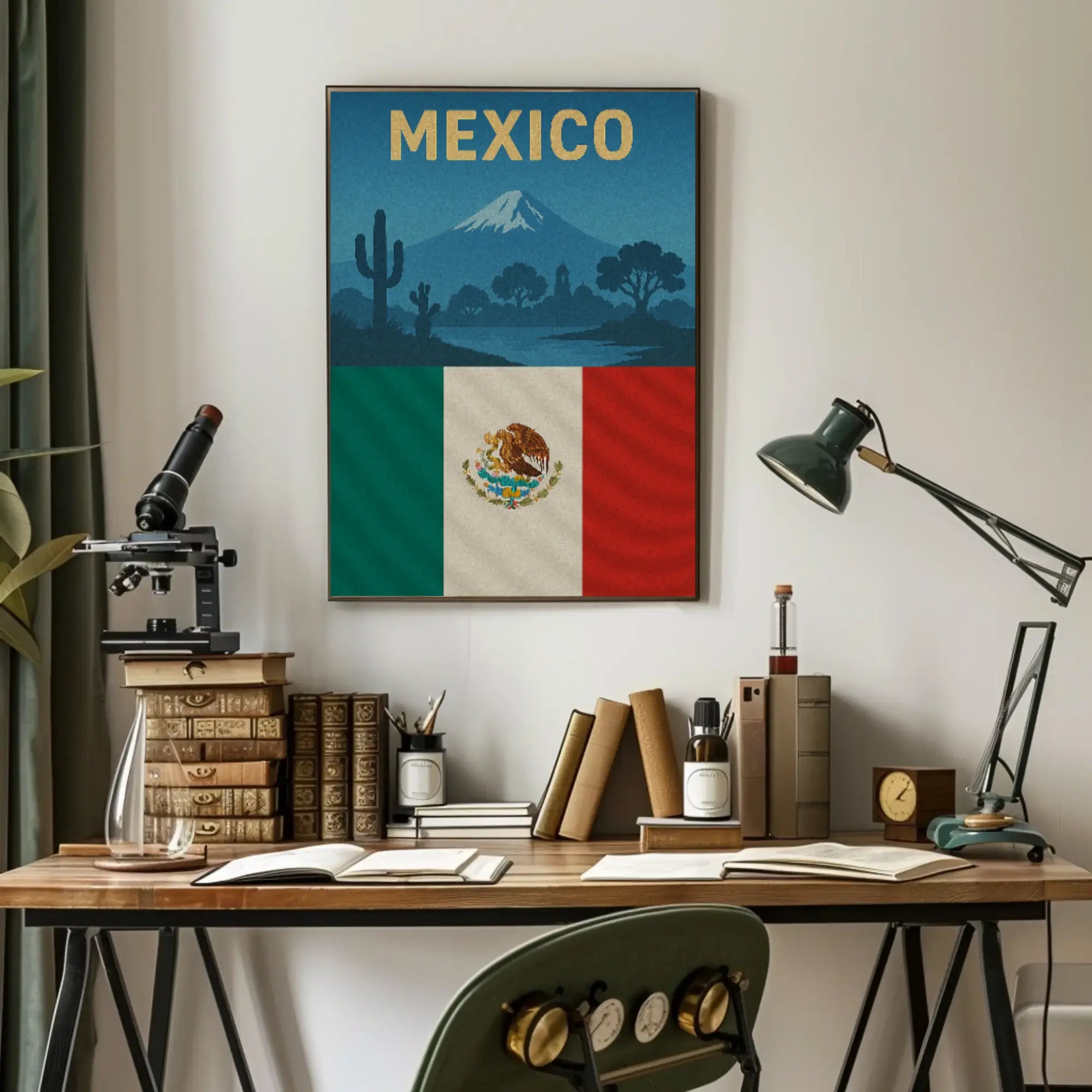 Vintage Mexico Volcano and Cacti Travel Poster PosterGoat