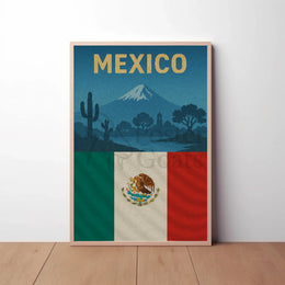 Vintage Mexico Volcano and Cacti Travel Poster PosterGoat