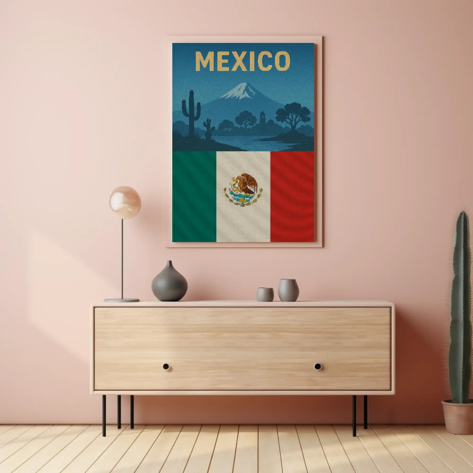 Vintage Mexico Volcano and Cacti Travel Poster PosterGoat