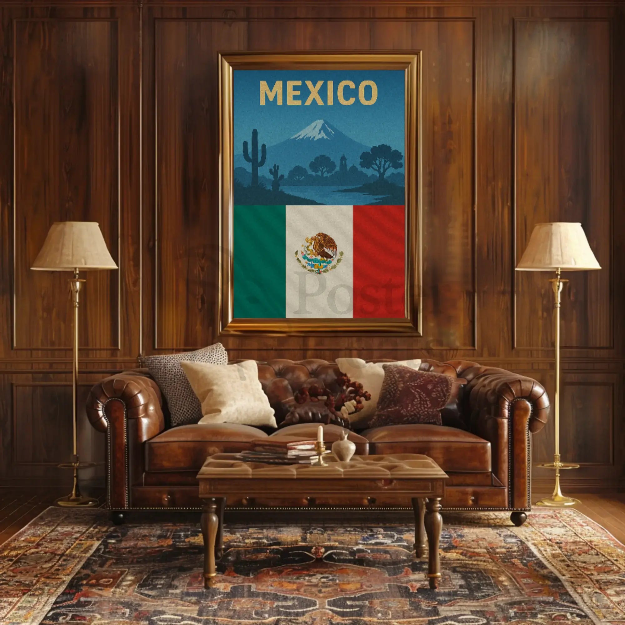 Vintage Mexico Volcano and Cacti Travel Poster PosterGoat