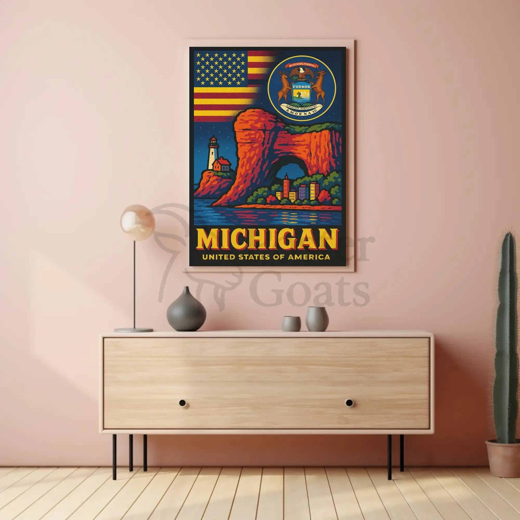 Vintage Michigan Travel Iconic Landmarks Celebration Travel Poster PosterGoat