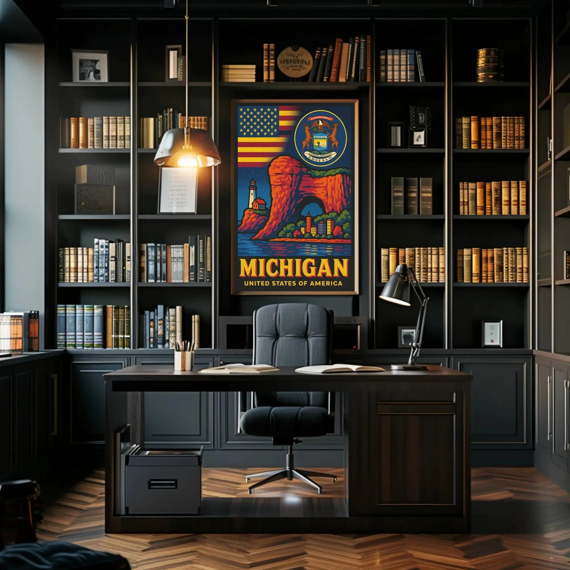 Vintage Michigan Travel Iconic Landmarks Celebration Travel Poster PosterGoat