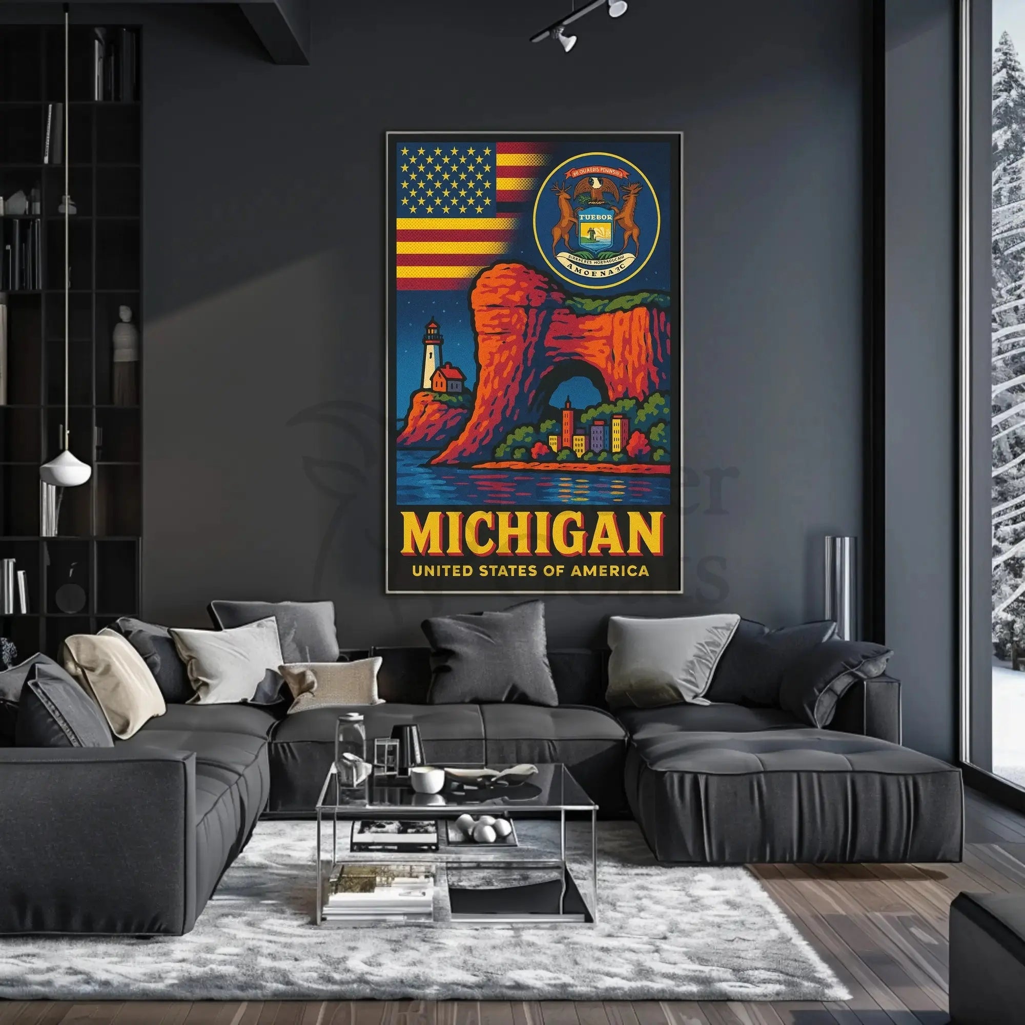 Vintage Michigan Travel Iconic Landmarks Celebration Travel Poster PosterGoat