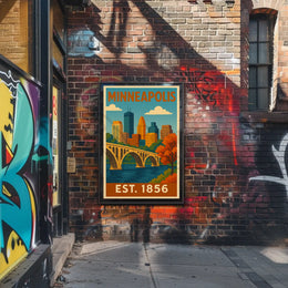 Vintage Minneapolis Cityscape Bridge Travel Poster PosterGoat