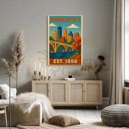 Vintage Minneapolis Cityscape Bridge Travel Poster PosterGoat