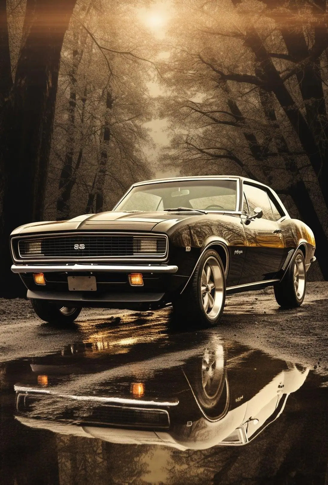 Vintage Muscle Car in Misty Forest Automotive Poster PosterGoat