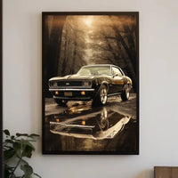 Vintage Muscle Car in Misty Forest Automotive Poster PosterGoat